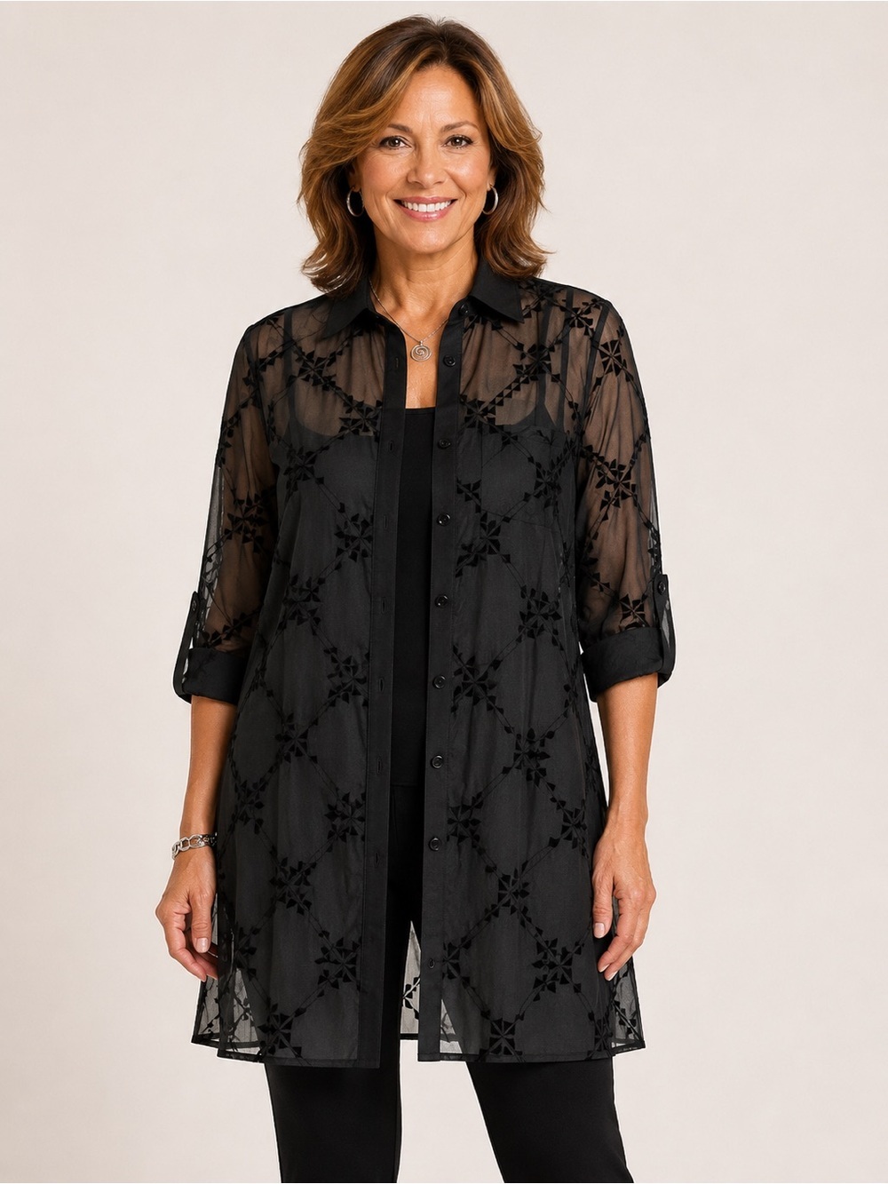 New CHICOS Embroidered Mesh Tunic Top Black Sheer Aztec Tribal Whimsygoth 2 (L)